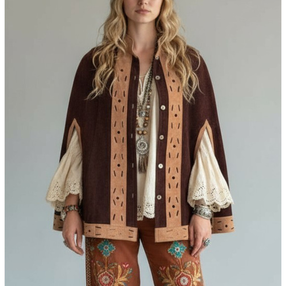 Vintage 60s 70s Leather Suede Poncho Snap Cape Hippie Boho S/M - Picture 1 of 7
